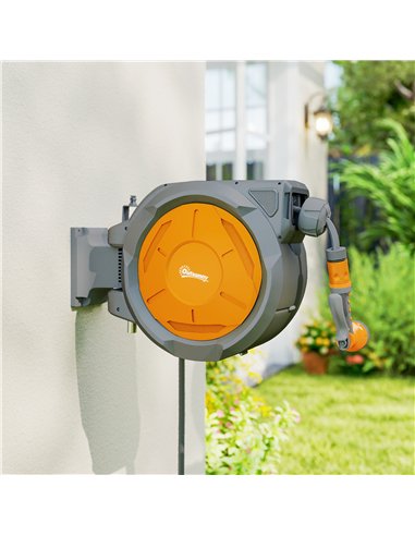 Outsunny Retractable Hose Reel Wall Mounted, 30+2m Garden Hose Pipe Reel with Lock, Auto Rewind, 7 in 1 Spray Nozzle, Includes W