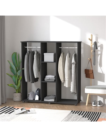 HOMCOM Double Mobile Open Wardrobe With Clothes Hanging Rails Storage Shelves Organizer Bedroom Furniture - Black - pic 17835 | FastDaddyshop