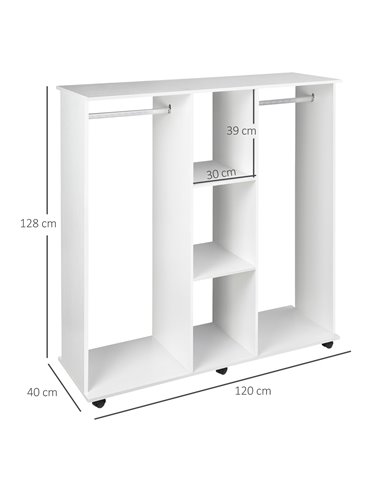 HOMCOM Double Mobile Open Wardrobe With Clothes Hanging Rails Storage Shelves Organizer Bedroom Furniture - White