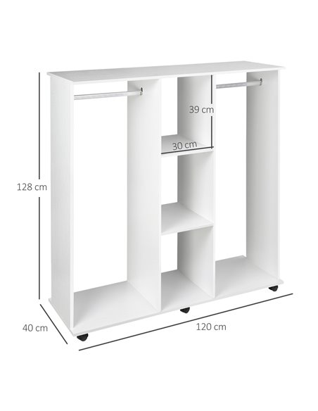 HOMCOM Double Mobile Open Wardrobe With Clothes Hanging Rails Storage Shelves Organizer Bedroom Furniture - White - pic 17840 | FastDaddyshop