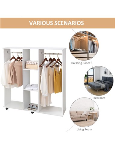 HOMCOM Double Mobile Open Wardrobe With Clothes Hanging Rails Storage Shelves Organizer Bedroom Furniture - White