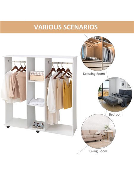 HOMCOM Double Mobile Open Wardrobe With Clothes Hanging Rails Storage Shelves Organizer Bedroom Furniture - White - pic 17842 | FastDaddyshop