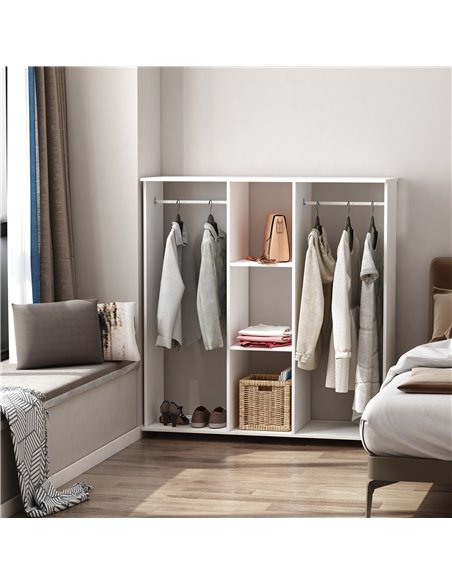 HOMCOM Double Mobile Open Wardrobe With Clothes Hanging Rails Storage Shelves Organizer Bedroom Furniture - White - pic 17844 | FastDaddyshop