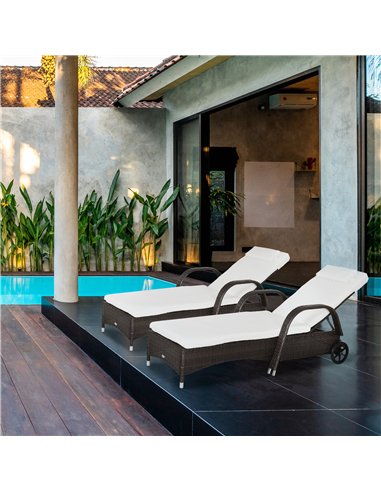 Outsunny 2PC Rattan Sun Lounger Recliner Bed Reclining Chair Patio Garden Outdoor Wicker Weave Adjustable Headrest with Fire Ret