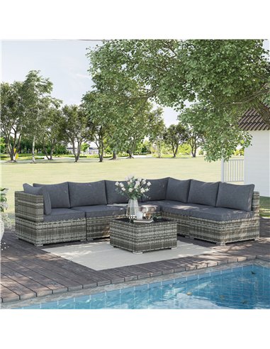 Outsunny 7 Pieces Outdoor PE Rattan Corner Sofa Set, Patio Wicker Conversation Chaise Lounge Furniture w/ Tempered Glass Table-t