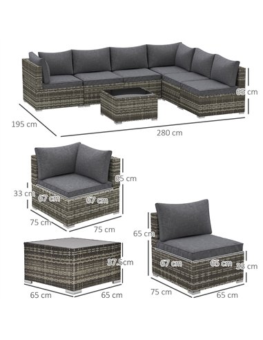 Outsunny 7 Pieces Outdoor PE Rattan Corner Sofa Set, Patio Wicker Conversation Chaise Lounge Furniture w/ Tempered Glass Table-t
