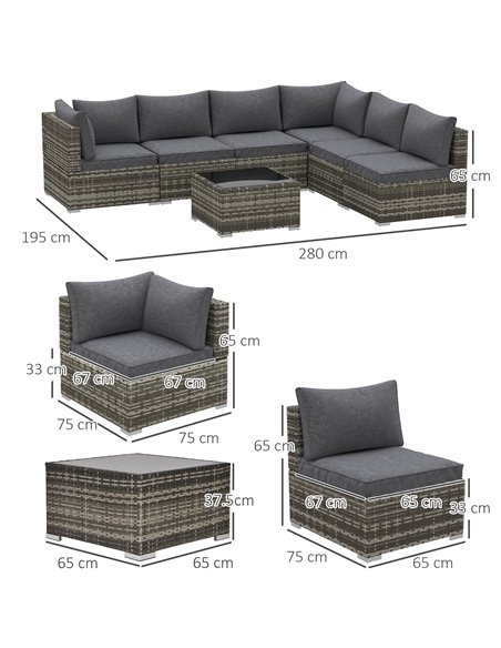 Outsunny 7 Pieces Outdoor PE Rattan Corner Sofa Set, Patio Wicker Conversation Chaise Lounge Furniture w/ Tempered Glass Table-t - pic 178460 | FastDaddyshop
