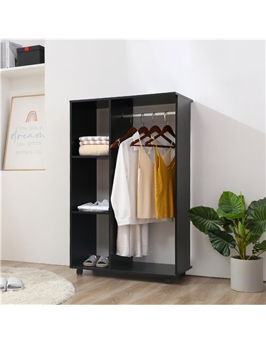 HOMCOM Open Wardrobe with Hanging Rail and Storage Shelves w/Wheels Bedroom- Black
