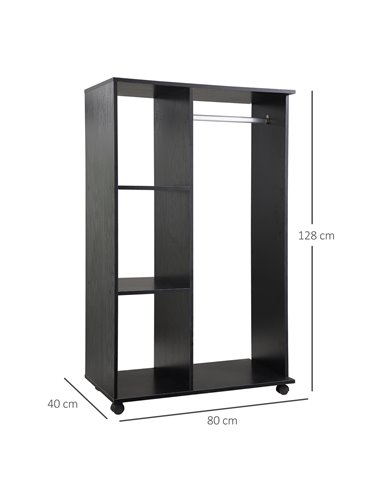 HOMCOM Open Wardrobe with Hanging Rail and Storage Shelves w/Wheels Bedroom- Black