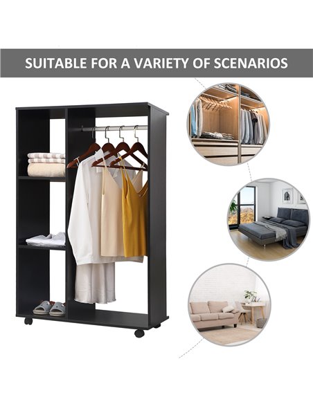 HOMCOM Open Wardrobe with Hanging Rail and Storage Shelves w/Wheels Bedroom- Black - pic 17850 | FastDaddyshop