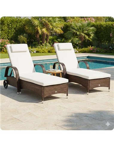Outsunny 2PC Rattan Sun Lounger Recliner with Cushion Brown 862-P005