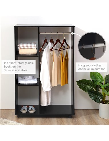 HOMCOM Open Wardrobe with Hanging Rail and Storage Shelves w/Wheels Bedroom- Black