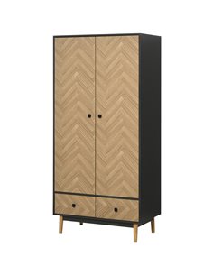 HOMCOM Modern Wardrobe Cabinet Wood Grain Sticker Surface with Shelf, Hanging Rod and 2 Drawers 90x50x190cm