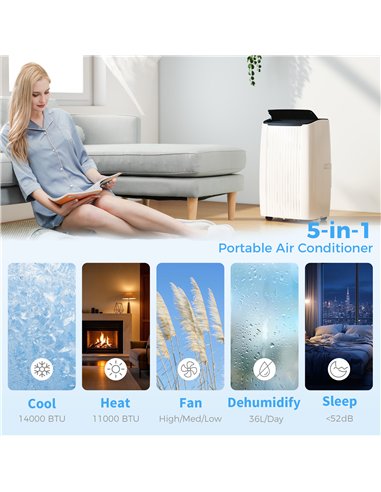 HOMCOM 14000 BTU 5-in-1 Portable Air Conditioner with Cool, Heat, Dehumidifier, Fan, Sleep, WiFi Voice Control, White