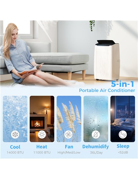 HOMCOM 14000 BTU 5-in-1 Portable Air Conditioner with Cool, Heat, Dehumidifier, Fan, Sleep, WiFi Voice Control, White - pic 178569 | FastDaddyshop