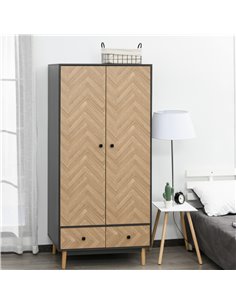 HOMCOM Modern Wardrobe Cabinet Wood Grain Sticker Surface with Shelf, Hanging Rod and 2 Drawers 90x50x190cm 2