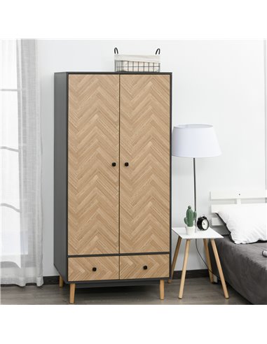 HOMCOM Modern Wardrobe Cabinet Wood Grain Sticker Surface with Shelf, Hanging Rod and 2 Drawers 90x50x190cm