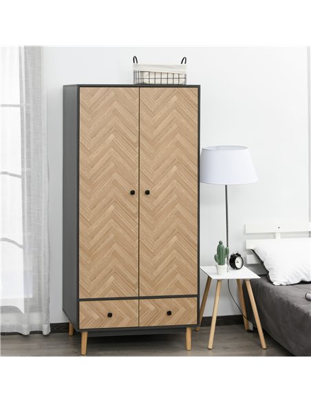 HOMCOM Modern Wardrobe Cabinet Wood Grain Sticker Surface with Shelf, Hanging Rod and 2 Drawers 90x50x190cm - pic 17857 | FastDaddyshop
