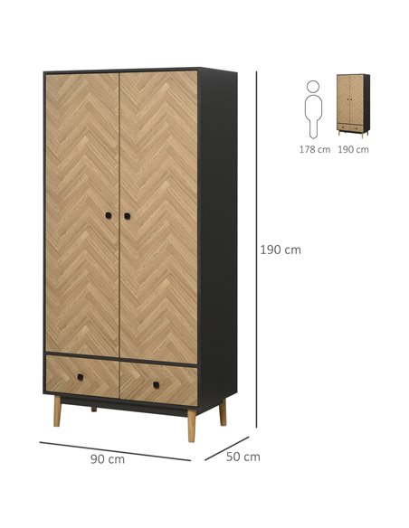 HOMCOM Modern Wardrobe Cabinet Wood Grain Sticker Surface with Shelf, Hanging Rod and 2 Drawers 90x50x190cm - pic 17858 | FastDaddyshop