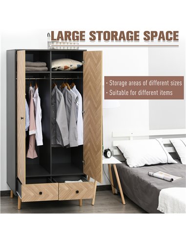 HOMCOM Modern Wardrobe Cabinet Wood Grain Sticker Surface with Shelf, Hanging Rod and 2 Drawers 90x50x190cm