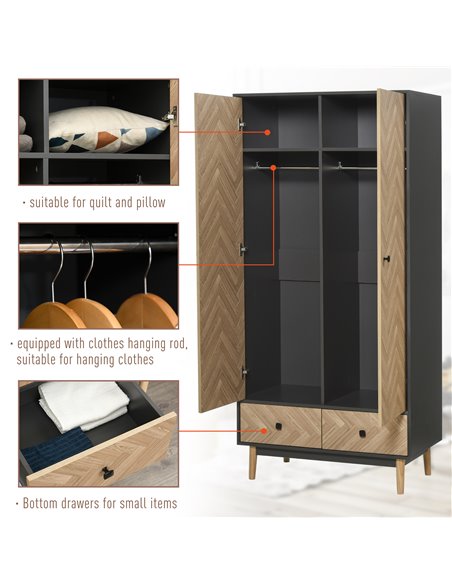 HOMCOM Modern Wardrobe Cabinet Wood Grain Sticker Surface with Shelf, Hanging Rod and 2 Drawers 90x50x190cm - pic 17860 | FastDaddyshop
