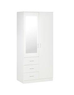 HOMCOM Modern Mirror 2 Door Wardrobe with Adjustable Shelf, 3 Drawers, White