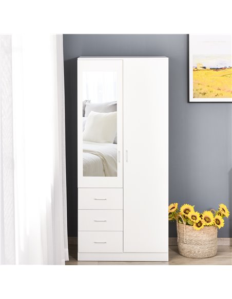 HOMCOM Modern Mirror 2 Door Wardrobe with Adjustable Shelf, 3 Drawers, White - pic 17866 | FastDaddyshop