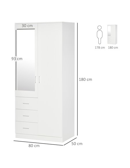 HOMCOM Modern Mirror 2 Door Wardrobe with Adjustable Shelf, 3 Drawers, White - pic 17867 | FastDaddyshop