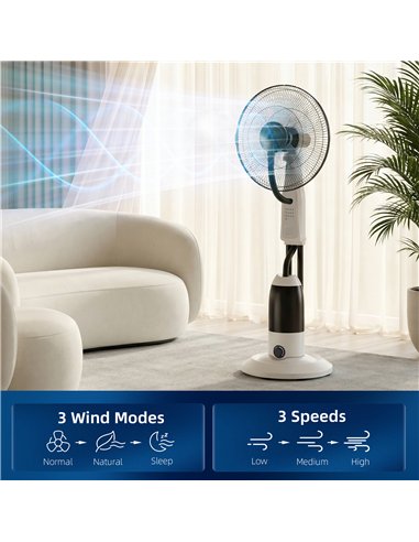 HOMCOM Pedestal Fan with Water Mist Spray 3 Speeds 2.8L Water Tank, White