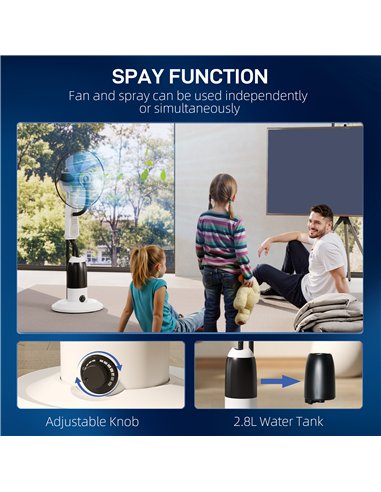 HOMCOM Pedestal Fan with Water Mist Spray 3 Speeds 2.8L Water Tank, White