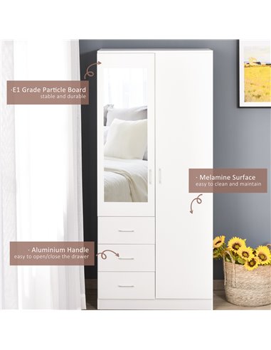 HOMCOM Modern Mirror Wardrobe 2 Door Storage Cupboards Home Storage Organisation Furniture with Adjustable Shelf, 3 Drawers, 80W