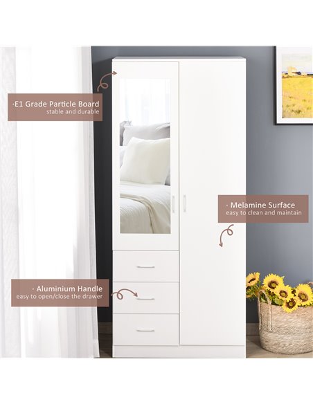 HOMCOM Modern Mirror Wardrobe 2 Door Storage Cupboards Home Storage Organisation Furniture with Adjustable Shelf, 3 Drawers, 80W - pic 17870 | FastDaddyshop