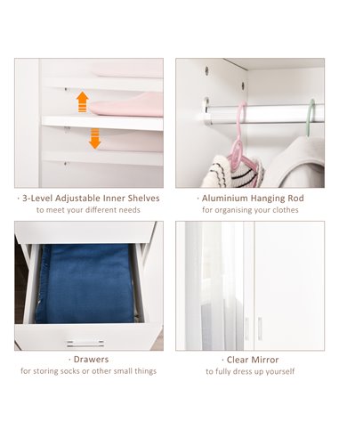 HOMCOM Modern Mirror Wardrobe 2 Door Storage Cupboards Home Storage Organisation Furniture with Adjustable Shelf, 3 Drawers, 80W