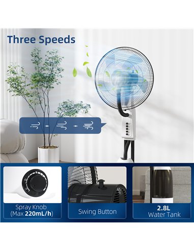 HOMCOM Spray Misting Fan, Floor Fan with Water Mist Spray, 70° Oscillation, Tilt Head, 3 Speeds, 2.8L Water Tank, White