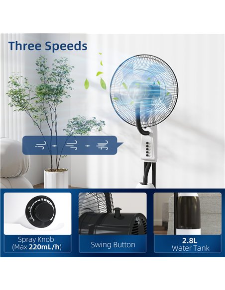 HOMCOM Spray Misting Fan, Floor Fan with Water Mist Spray, 70° Oscillation, Tilt Head, 3 Speeds, 2.8L Water Tank, White - pic 178713 | FastDaddyshop