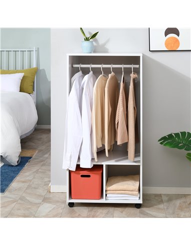 HOMCOM Open Wardrobe with Hanging Rod and Storage Shelves Mobile Garment Rack on Wheels Bedroom, Cloakroom, White