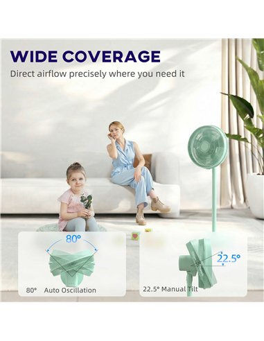 HOMCOM 40 cm Standing Fan, Cooling Floor Fan with 80° Oscillating, Adjustable Tilt and Height, 4 Speed, Remote Control, Green