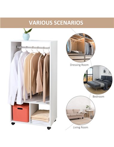 HOMCOM Open Wardrobe with Hanging Rod and Storage Shelves Mobile Garment Rack on Wheels Bedroom, Cloakroom, White