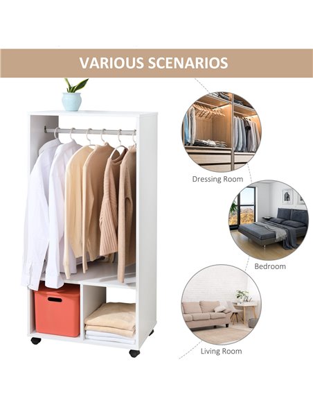 HOMCOM Open Wardrobe with Hanging Rod and Storage Shelves Mobile Garment Rack on Wheels Bedroom, Cloakroom, White - pic 17880 | FastDaddyshop