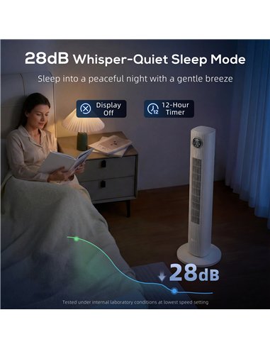 HOMCOM 28dB Tower Fan for Bedroom, 36 inch, 8 m/s Velocity Standing Cooling Fan with 80° Oscillating, BLDC Motor, 12 Speeds, LED