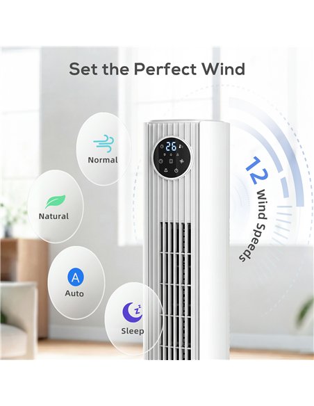 HOMCOM 28dB Tower Fan for Bedroom, 36 inch, 8 m/s Velocity Standing Cooling Fan with 80° Oscillating, BLDC Motor, 12 Speeds, LED - pic 178805 | FastDaddyshop