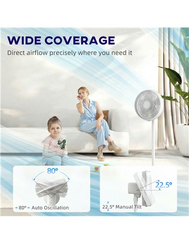 HOMCOM 40 cm Standing Fan, Cooling Floor Fan with 80° Oscillating, Adjustable Tilt and Height, 4 Speed, Remote Control, White