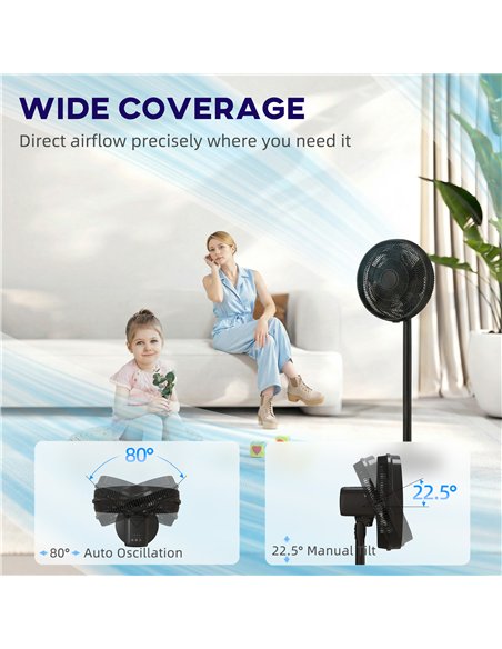 HOMCOM 40 cm Standing Fan, Cooling Floor Fan with 80° Oscillating, Adjustable Tilt and Height, 4 Speed, Remote Control, Black - pic 178830 | FastDaddyshop