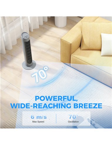 HOMCOM Tower Fan for Bedroom Cooling, 75cm Electric 70° Oscillating with 3 Speed Settings, Standing Floor Fan, Grey