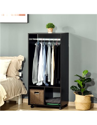 HOMCOM Open Wardrobe with Hanging Rod and Storage Shelves Mobile Garment Rack on Wheels Bedroom, Cloakroom, Black