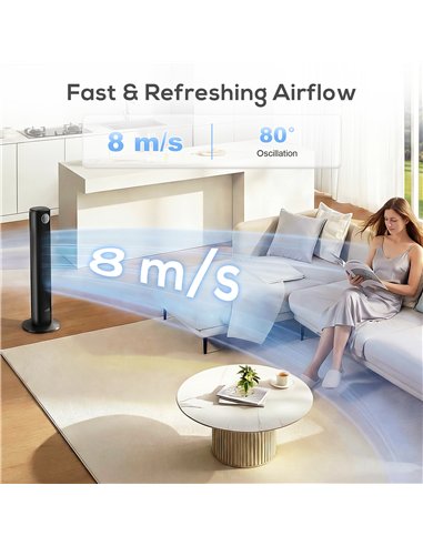 HOMCOM 28dB Tower Fan for Bedroom, 36 inch, 8 m/s Velocity Standing Cooling Fan with 80° Oscillating, BLDC Motor, 12 Speeds, LED