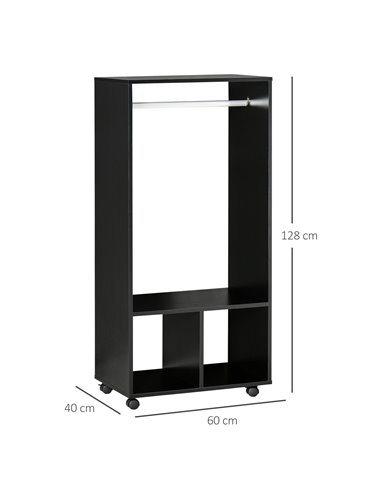 HOMCOM Open Wardrobe with Hanging Rod and Storage Shelves Mobile Garment Rack on Wheels Bedroom, Cloakroom, Black