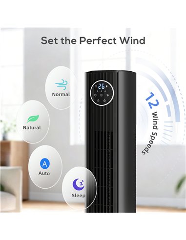 HOMCOM 28dB Tower Fan for Bedroom, 36 inch, 8 m/s Velocity Standing Cooling Fan with 80° Oscillating, BLDC Motor, 12 Speeds, LED