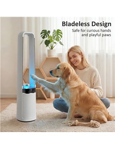 HOMCOM Bladeless Tower Fan, 36dB Standing Cooling Fan with Oscillating, LED Lights, 3 Speeds, 12H Timer, Remote Control