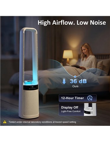 HOMCOM Bladeless Tower Fan, 36dB Standing Cooling Fan with Oscillating, LED Lights, 3 Speeds, 12H Timer, Remote Control